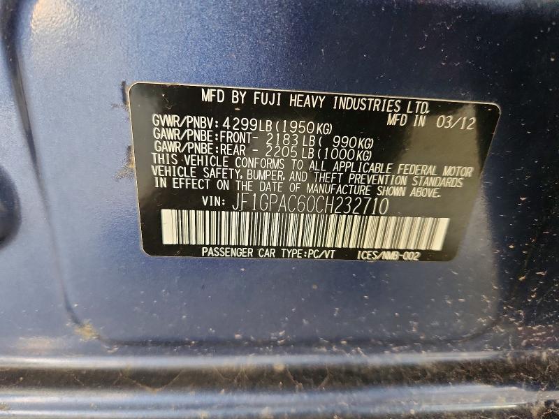 Продаж на аукціоні авто 2012 Subaru Impreza, vin: JF1GPAC60CH232710, номер лоту: 77248105