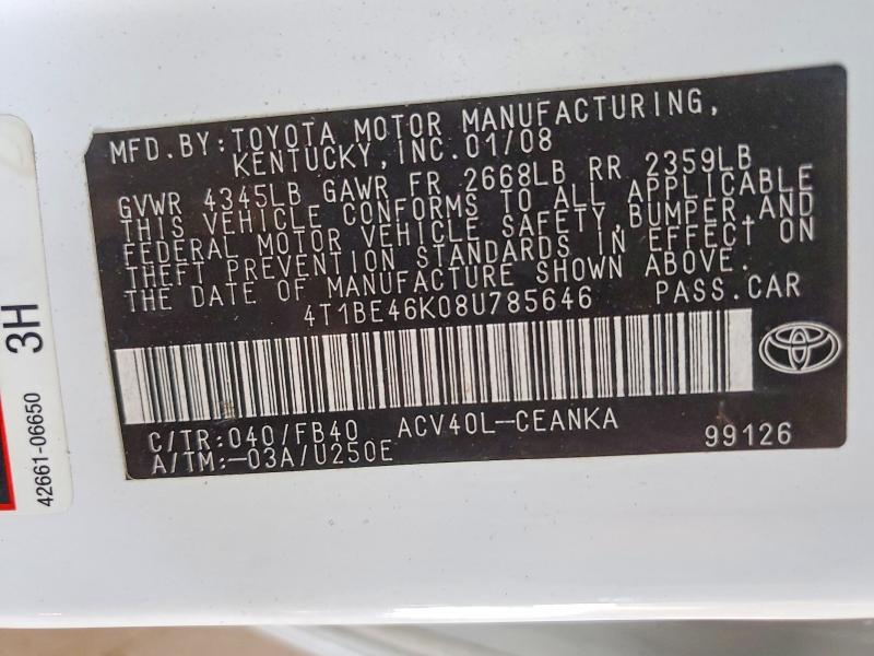 2008 Toyota Camry მანქანა იყიდება აუქციონზე, vin: 4T1BE46K08U785646, აუქციონის ნომერი: 58763276