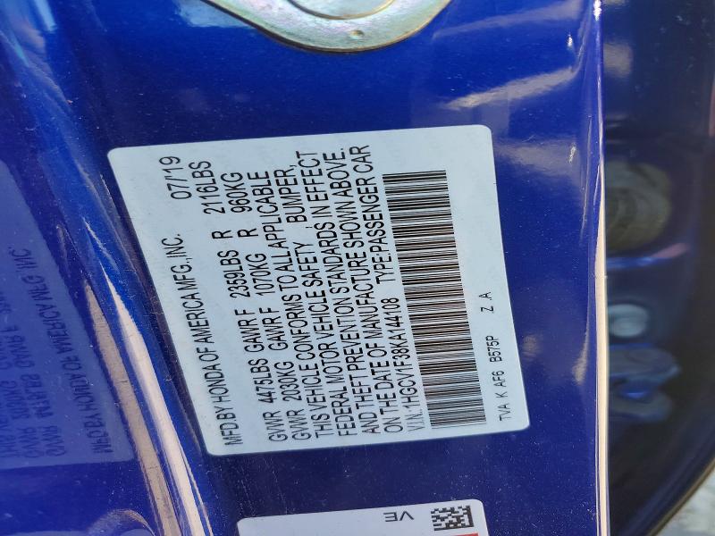 56121426 :رقم المزاد ، 1HGCV1F38KA144108 vin ، 2019 Honda Accord مزاد بيع