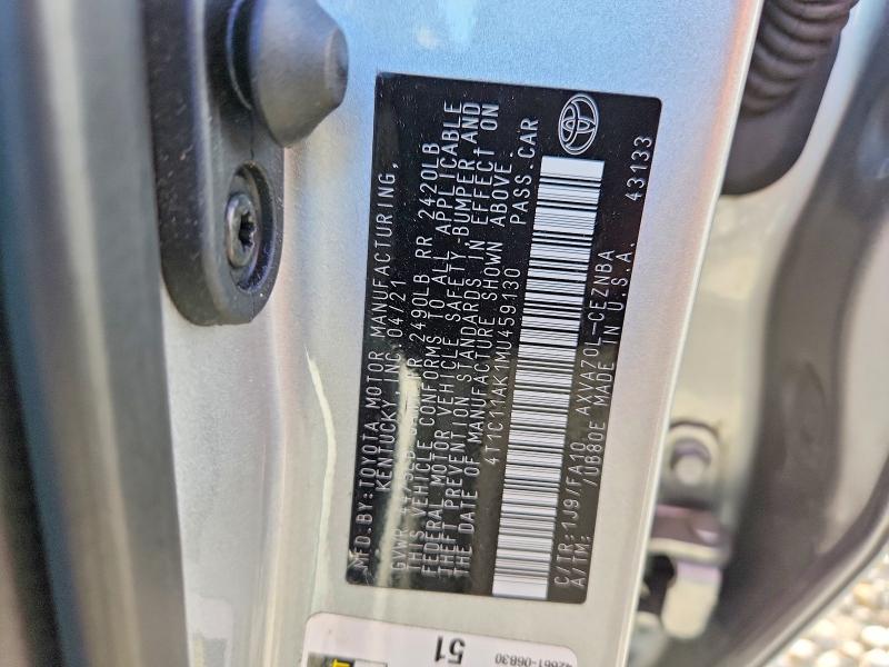 Продажа на аукционе авто 2021 Toyota Camry, vin: 4T1C11AK1MU459130, номер лота: 57576876