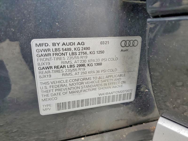 2021 Audi Q5 მანქანა იყიდება აუქციონზე, vin: WA1BAAFY2M2072072, აუქციონის ნომერი: 56507456