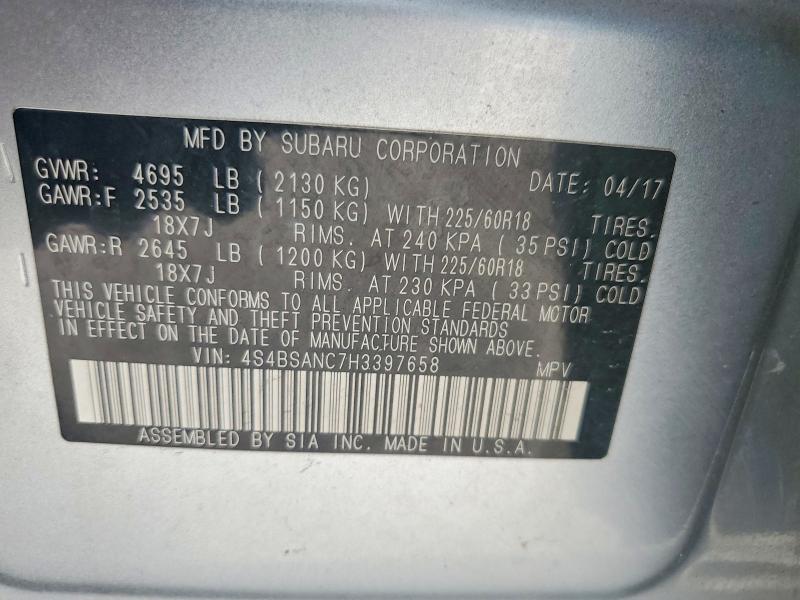 2017 Subaru Outback მანქანა იყიდება აუქციონზე, vin: 4S4BSANC7H3397658, აუქციონის ნომერი: 56543246