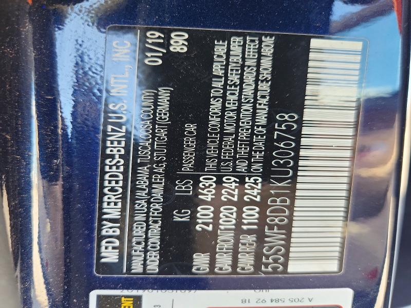 56326486 :رقم المزاد ، 55SWF8DB1KU306758 vin ، 2019 Mercedes-benz C مزاد بيع
