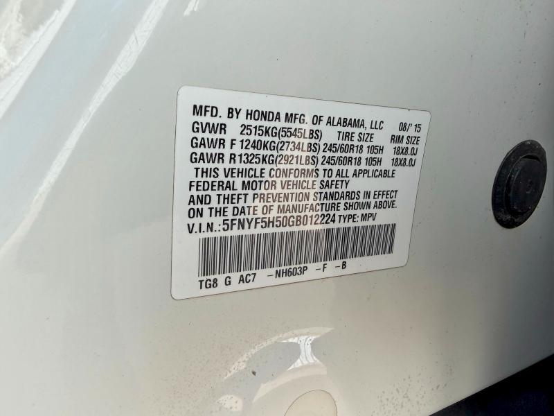 Продажа на аукционе авто 2016 Honda Pilot, vin: 5FNYF5H50GB012224, номер лота: 58335706