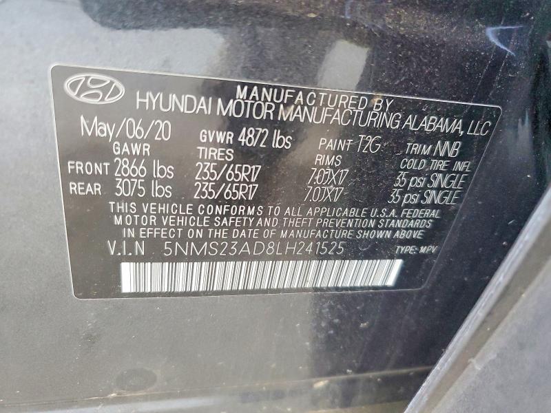 2020 Hyundai Santa Fe მანქანა იყიდება აუქციონზე, vin: 5NMS23AD8LH241525, აუქციონის ნომერი: 58925106