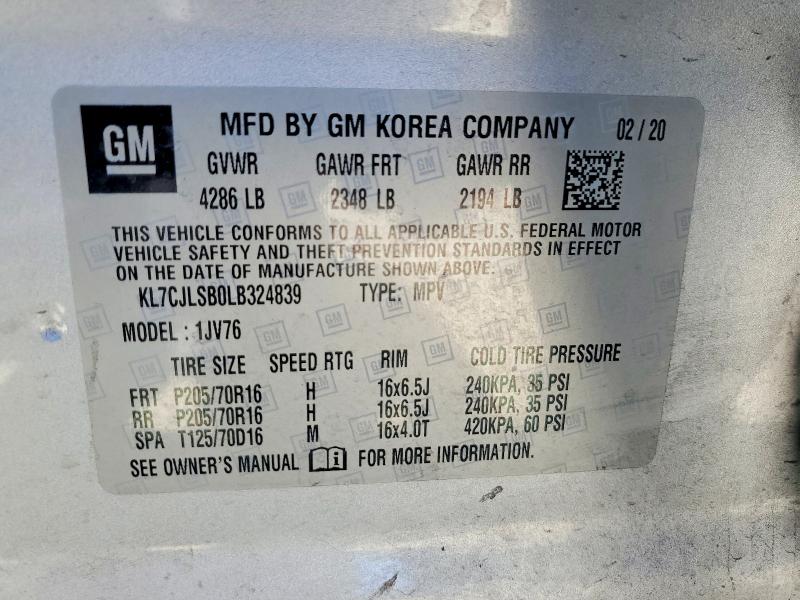 58804866 :رقم المزاد ، KL7CJLSB0LB324839 vin ، 2020 Chevrolet Trax مزاد بيع