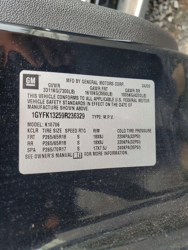 2009 Cadillac Escalade მანქანა იყიდება აუქციონზე, vin: 1GYFK13259R236329, აუქციონის ნომერი: 58514566
