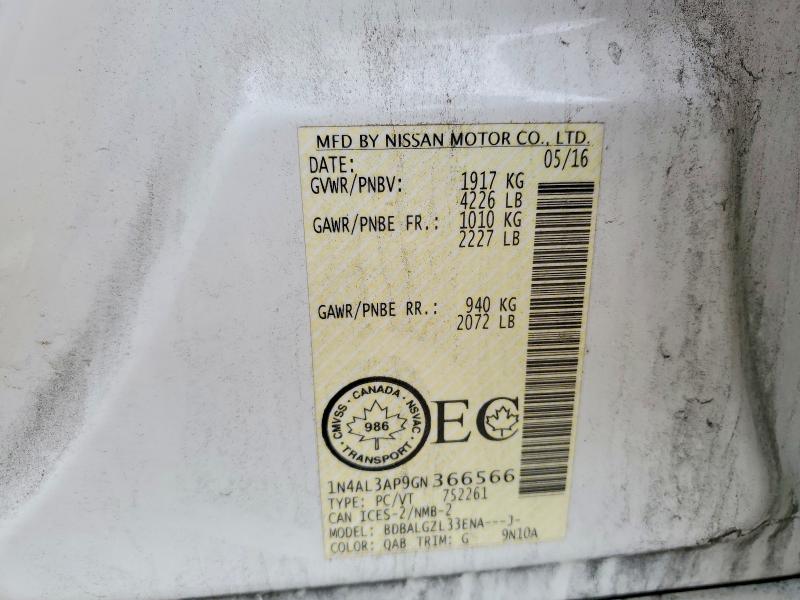 56892516 :رقم المزاد ، 1N4AL3AP9GN366566 vin ، 2016 Nissan Altima مزاد بيع