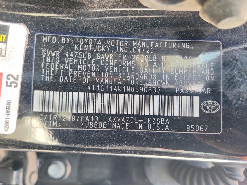 Продаж на аукціоні авто 2022 Toyota Camry, vin: 4T1G11AK1NU690533, номер лоту: 55467196