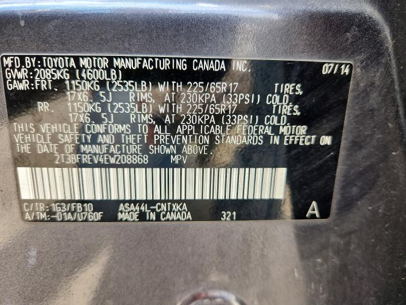 Aukcja sprzedaży 2014 Toyota Rav4, vin: 2T3BFREV4EW208868, numer aukcji: 58727026