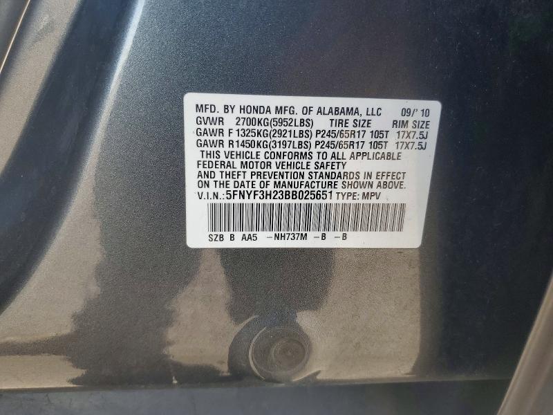 57922536 :رقم المزاد ، 5FNYF3H23BB025651 vin ، 2011 Honda Pilot مزاد بيع