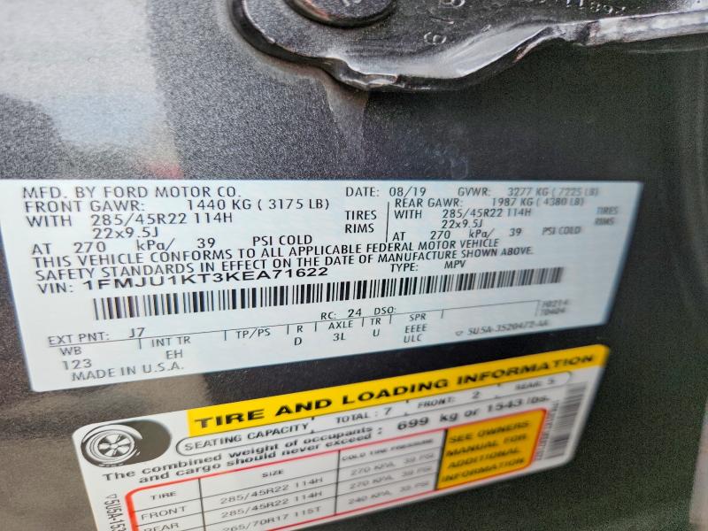 2019 Ford Expedition მანქანა იყიდება აუქციონზე, vin: 1FMJU1KT3KEA71622, აუქციონის ნომერი: 57430056