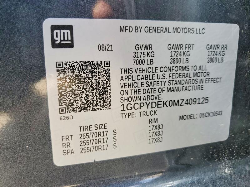 57191676 :رقم المزاد ، 1GCPYDEK0MZ409125 vin ، 2021 Chevrolet Silverado مزاد بيع