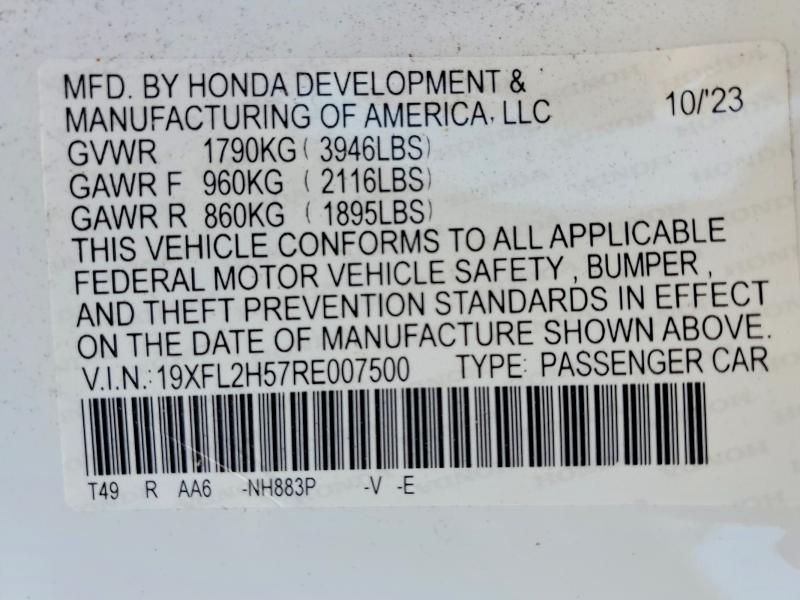 Продаж на аукціоні авто 2024 Honda Civic, vin: 19XFL2H57RE007500, номер лоту: 56497376