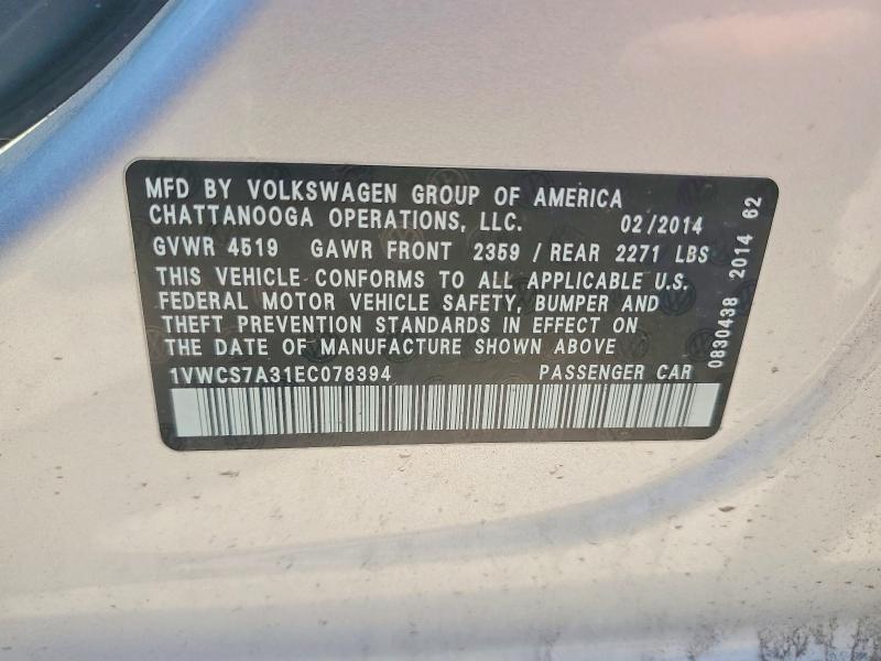 Aukcja sprzedaży 2014 Volkswagen Passat, vin: 1VWCS7A31EC078394, numer aukcji: 56000766