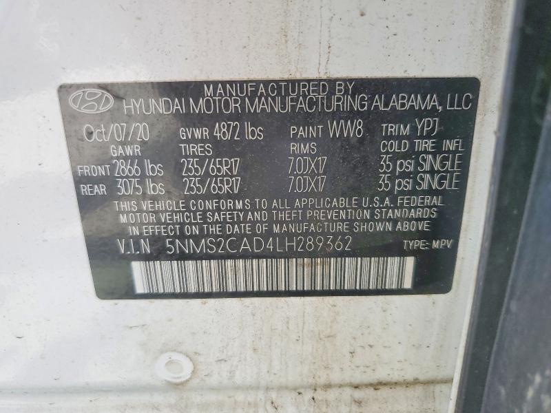 2020 Hyundai Santa Fe მანქანა იყიდება აუქციონზე, vin: 5NMS2CAD4LH289362, აუქციონის ნომერი: 55857586