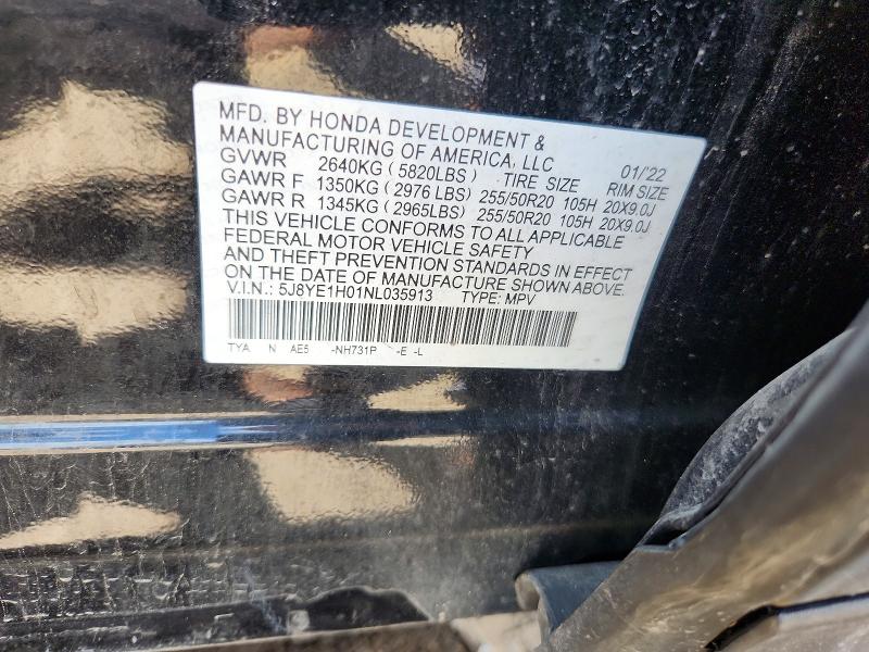 57440706 :رقم المزاد ، 5J8YE1H01NL035913 vin ، 2022 Acura Mdx مزاد بيع