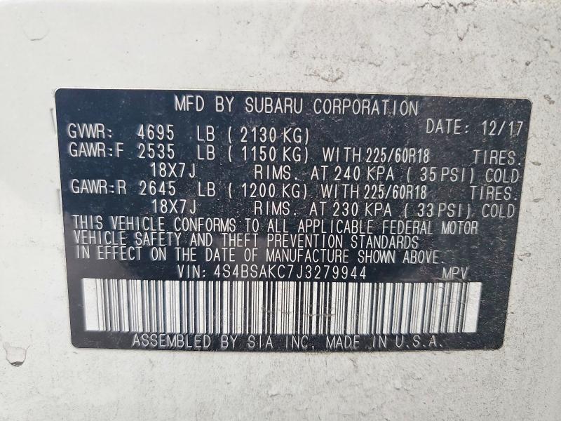 2018 Subaru Outback მანქანა იყიდება აუქციონზე, vin: 4S4BSAKC7J3279944, აუქციონის ნომერი: 58322166