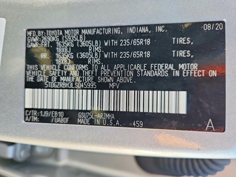 2020 Toyota Highlander მანქანა იყიდება აუქციონზე, vin: 5TDGZRBH3LS045995, აუქციონის ნომერი: 57431526
