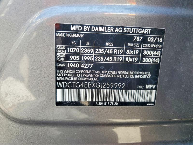 Aukcja sprzedaży 2016 Mercedes-benz Gla, vin: WDCTG4EBXGJ259992, numer aukcji: 54911436
