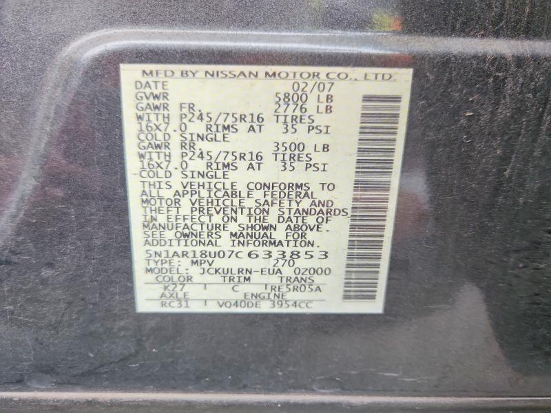 58068566 :رقم المزاد ، 5N1AR18U07C633853 vin ، 2007 Nissan Pathfinder مزاد بيع