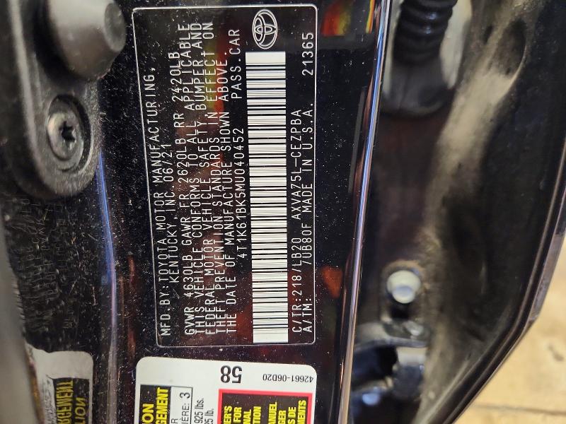 2021 Toyota Camry მანქანა იყიდება აუქციონზე, vin: 4T1K61BK5MU040452, აუქციონის ნომერი: 56093626