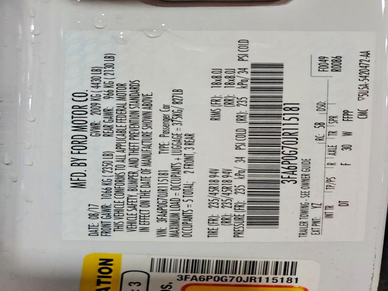 2018 Ford Fusion მანქანა იყიდება აუქციონზე, vin: 3FA6P0G70JR115181, აუქციონის ნომერი: 56505456