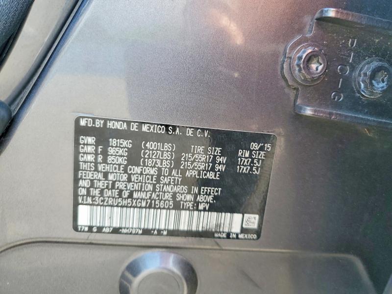 57779916 :رقم المزاد ، 3CZRU5H5XGM715605 vin ، 2016 Honda Hr-v مزاد بيع