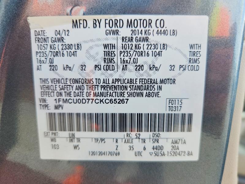 56780936 :رقم المزاد ، 1FMCU0D77CKC65267 vin ، 2012 Ford Escape مزاد بيع