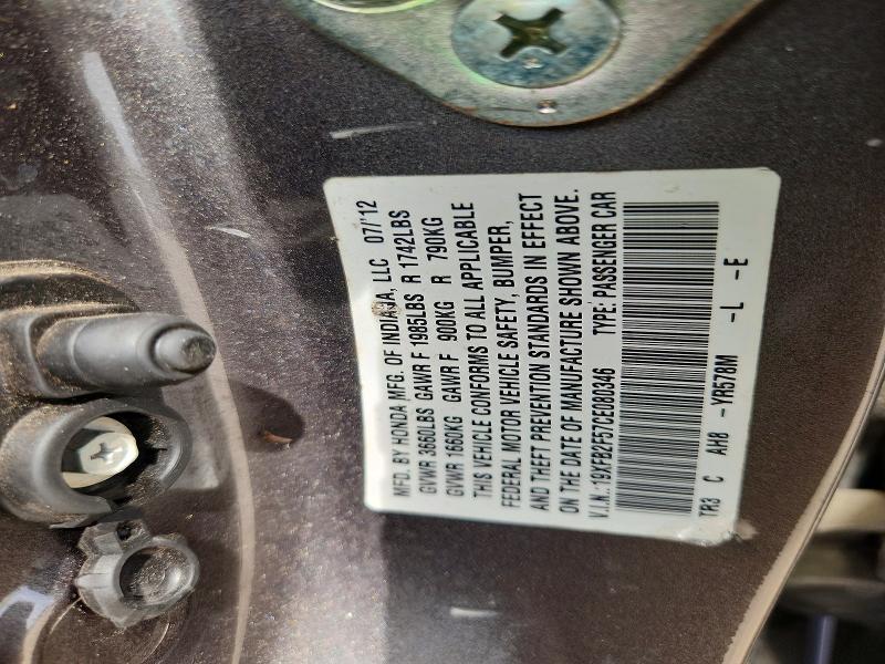 56698166 :رقم المزاد ، 19XFB2F57CE080346 vin ، 2012 Honda Civic مزاد بيع