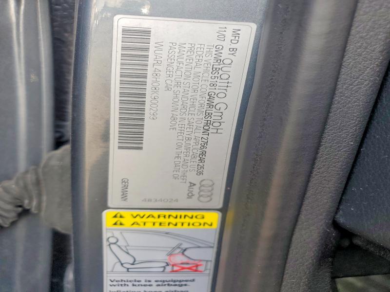 2008 Audi S4 მანქანა იყიდება აუქციონზე, vin: WUARL48H08K900299, აუქციონის ნომერი: 55018366