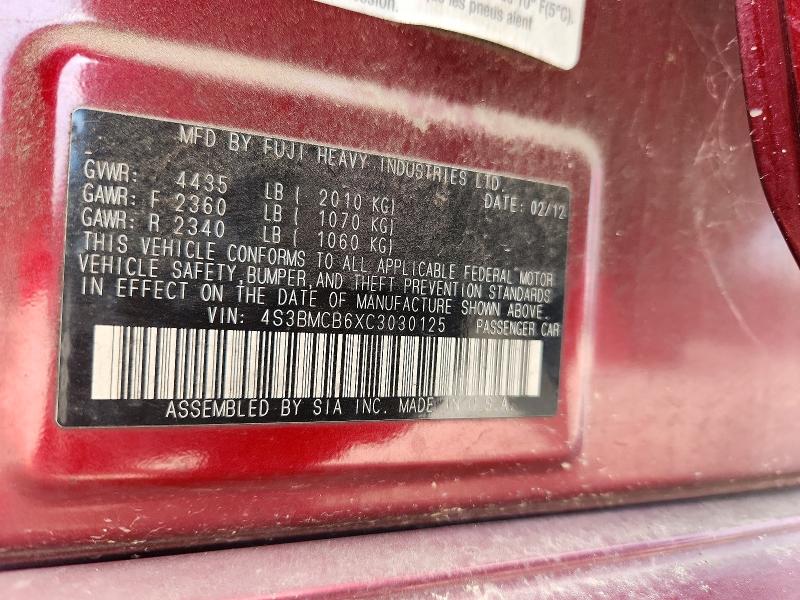 Aukcja sprzedaży 2012 Subaru Legacy, vin: 4S3BMCB6XC3030125, numer aukcji: 58715566