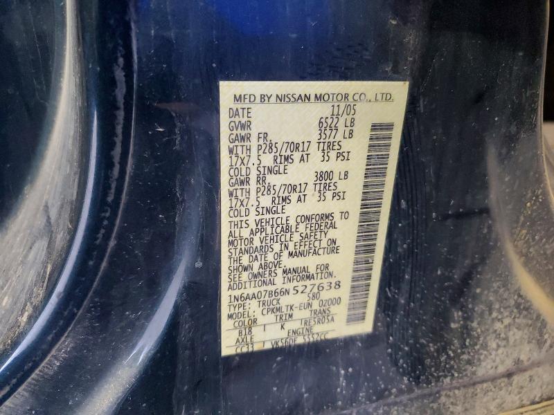 2006 Nissan Titan მანქანა იყიდება აუქციონზე, vin: 1N6AA07B66N527638, აუქციონის ნომერი: 56060116