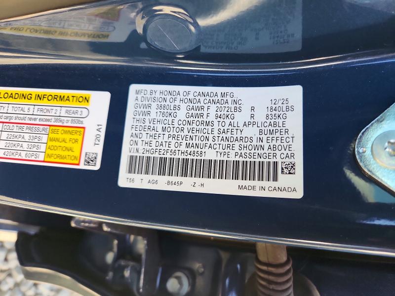 56266106 :رقم المزاد ، 2HGFE2F56TH548581 vin ، 2026 Honda Civic مزاد بيع