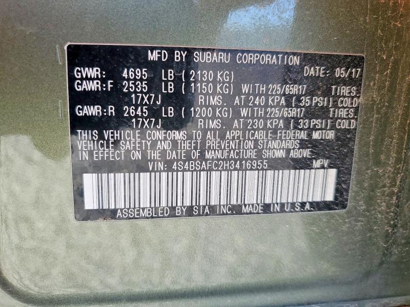 Продажа на аукционе авто 2017 Subaru Outback, vin: 4S4BSAFC2H3416955, номер лота: 57655016