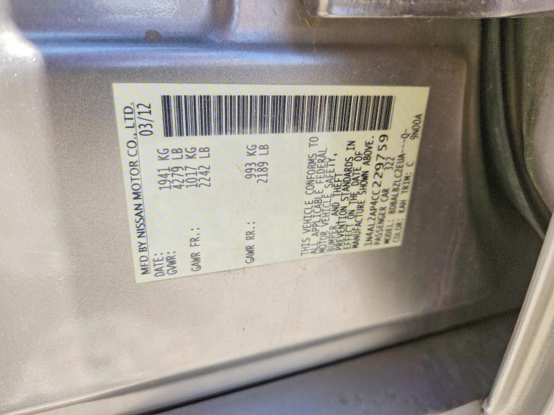 2012 Nissan Altima მანქანა იყიდება აუქციონზე, vin: 1N4AL2AP4CC229759, აუქციონის ნომერი: 57256026
