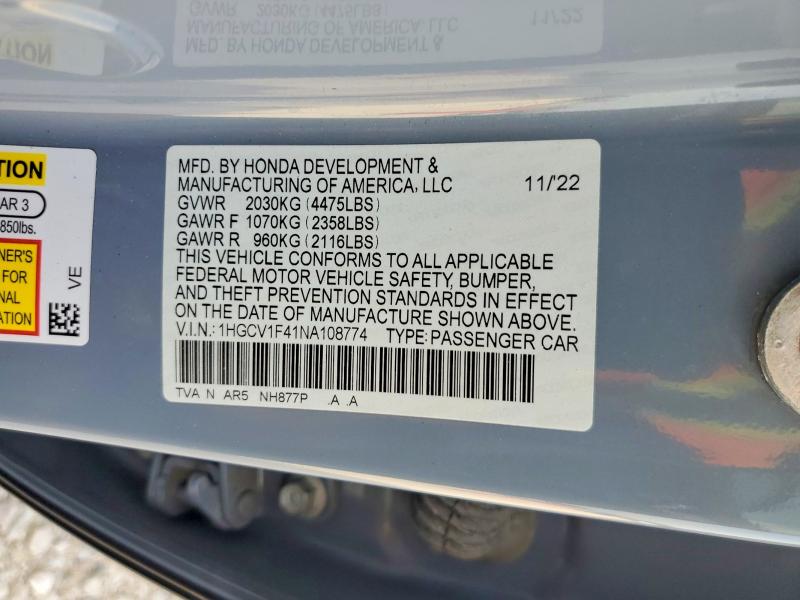 2022 Honda Accord მანქანა იყიდება აუქციონზე, vin: 1HGCV1F41NA108774, აუქციონის ნომერი: 59217256