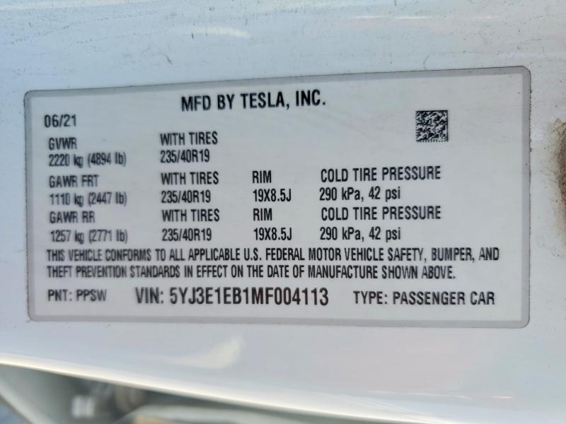 Aukcja sprzedaży 2021 Tesla Model 3, vin: 5YJ3E1EB1MF004113, numer aukcji: 57880276