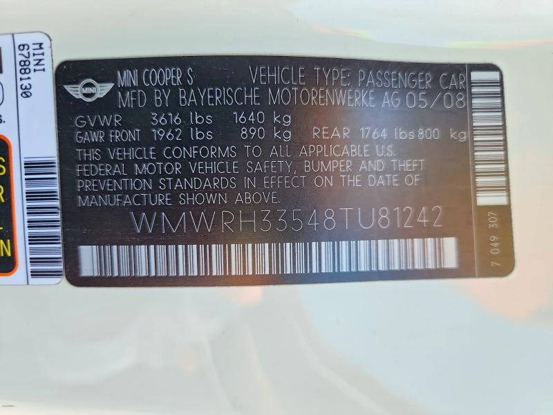 2008 Mini Cooper მანქანა იყიდება აუქციონზე, vin: WMWRH33548TU81242, აუქციონის ნომერი: 56447026