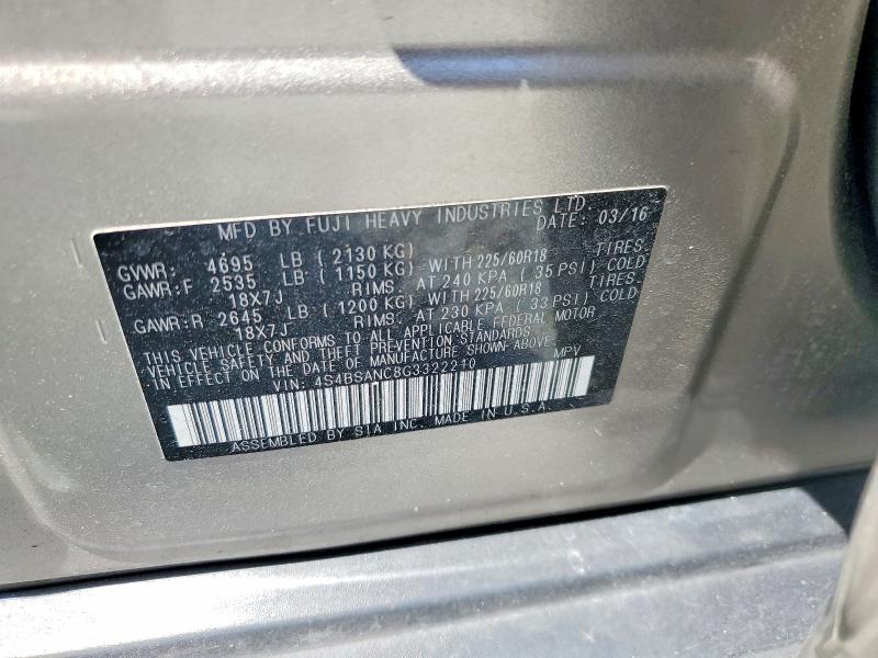 2016 Subaru Outback მანქანა იყიდება აუქციონზე, vin: 4S4BSANC8G3322210, აუქციონის ნომერი: 55395736