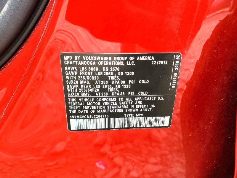 55687566 :رقم المزاد ، 1V2MC2CA4LC204715 vin ، 2020 Volkswagen Atlas Cross Sport مزاد بيع