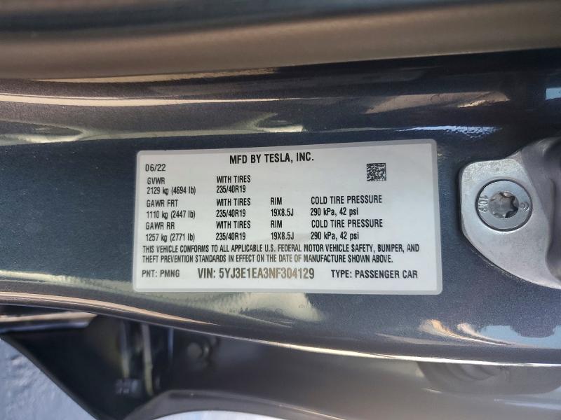 2022 Tesla Model 3 მანქანა იყიდება აუქციონზე, vin: 5YJ3E1EA3NF304129, აუქციონის ნომერი: 59125236