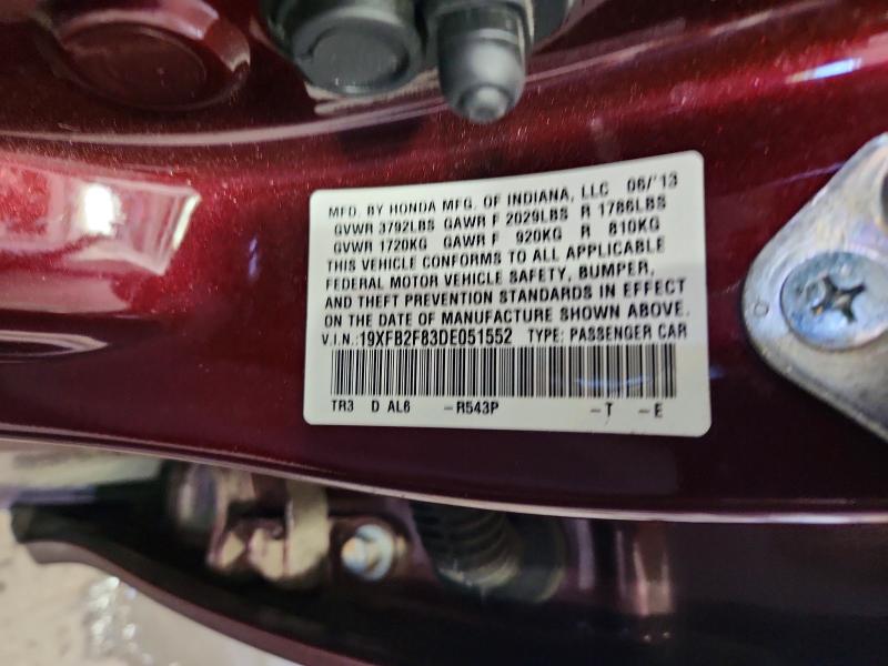 Продажа на аукционе авто 2013 Honda Civic, vin: 19XFB2F83DE051552, номер лота: 55471046