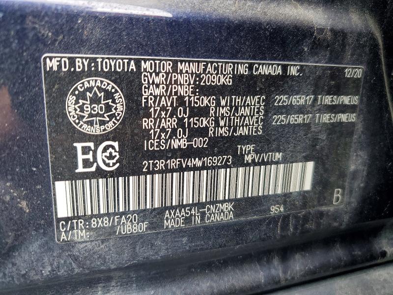 Продажа на аукционе авто 2021 Toyota Rav4, vin: 2T3R1RFV4MW169273, номер лота: 56988186