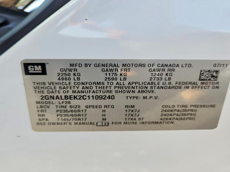 Продаж на аукціоні авто 2012 Chevrolet Equinox, vin: 2GNALBEK2C1109240, номер лоту: 58099946