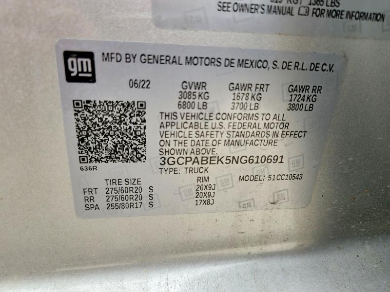 Продажа на аукционе авто 2022 Chevrolet Silverado, vin: 3GCPABEK5NG610691, номер лота: 58614076