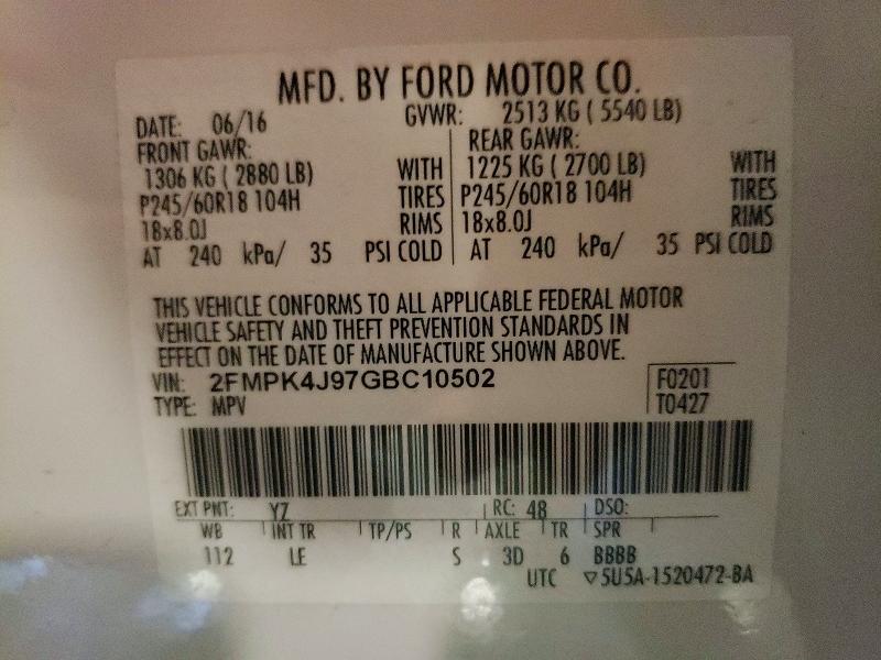 2016 Ford Edge მანქანა იყიდება აუქციონზე, vin: 2FMPK4J97GBC10502, აუქციონის ნომერი: 85972975