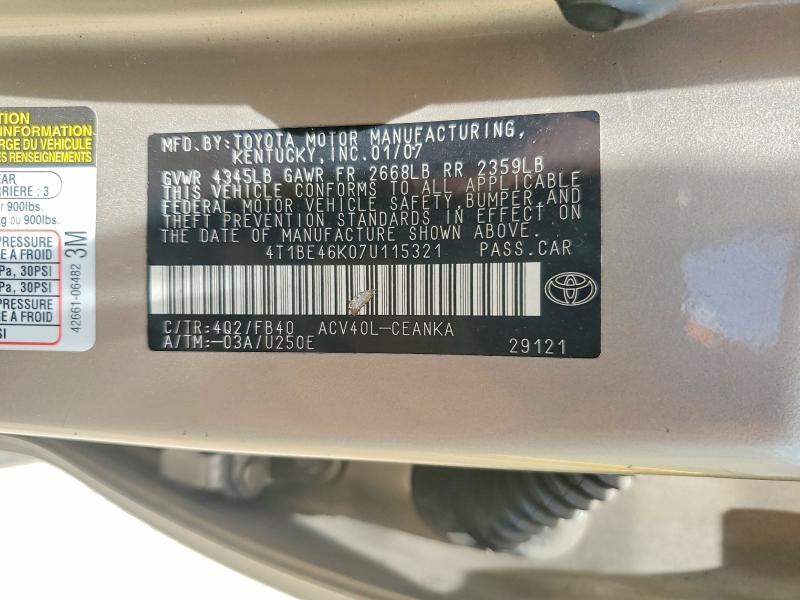 2007 Toyota Camry მანქანა იყიდება აუქციონზე, vin: 4T1BE46K07U115321, აუქციონის ნომერი: 56999346