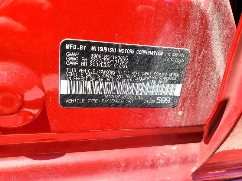 2016 Mitsubishi Lancer მანქანა იყიდება აუქციონზე, vin: JA32U2FU2GU001400, აუქციონის ნომერი: 57008786