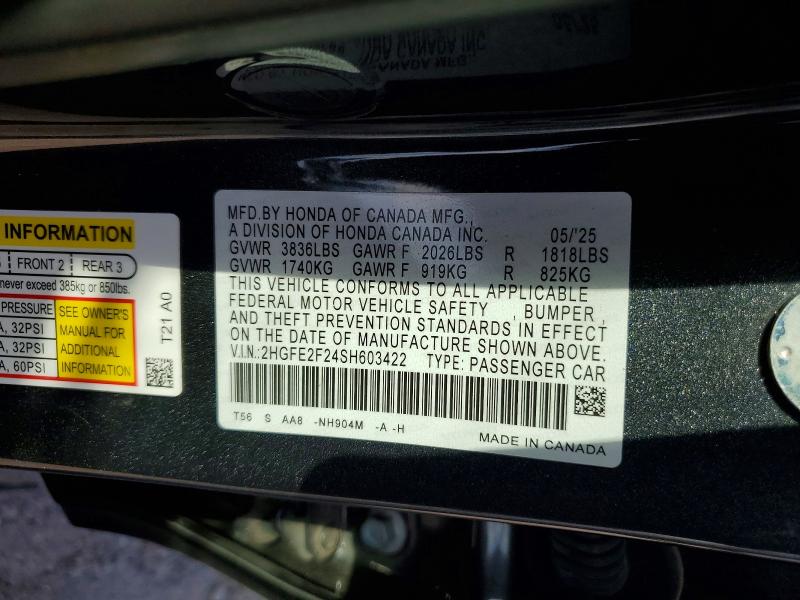 Продаж на аукціоні авто 2025 Honda Civic, vin: 2HGFE2F24SH603422, номер лоту: 58991636